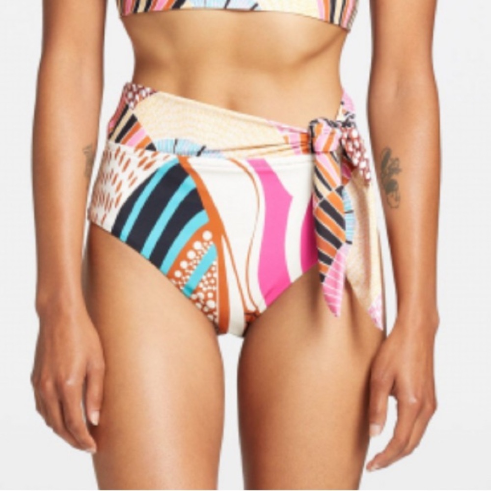 CALIA Super High Foldable Waist Side Tie Fun Boho Deaign Bikini Bottom Medium